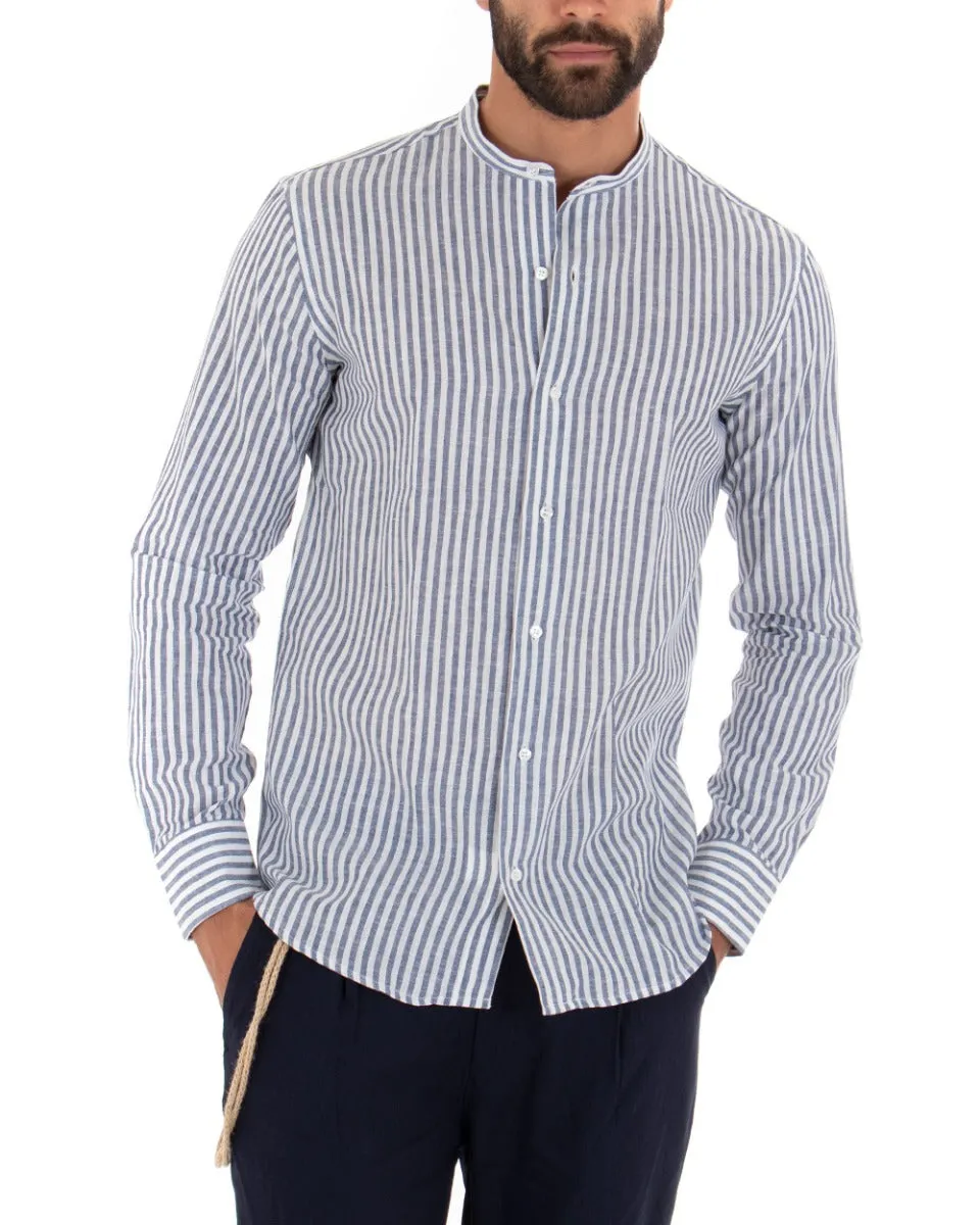 Camicia Uomo Riga Sottile Collo Coreano Manica Lunga Lino Sartoriale Blu GIOSAL-C2016A