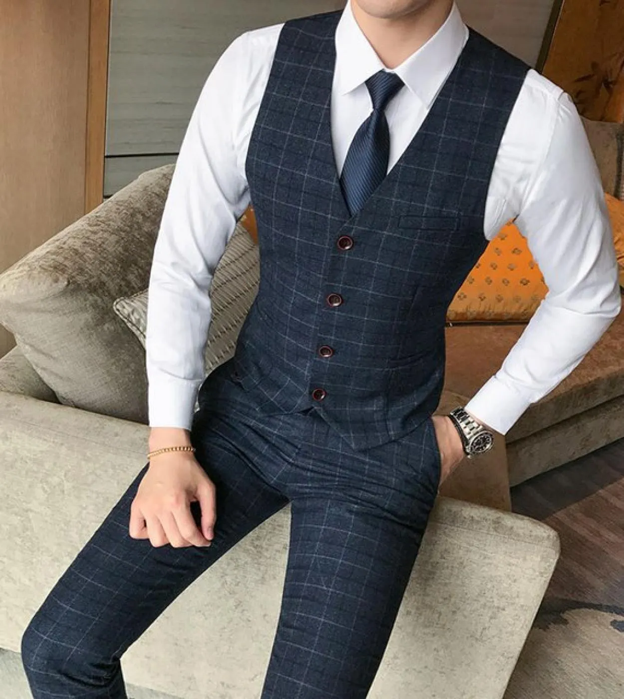 Gilet  pantaloni  Set da 2 pezzi Plaid moda uomo Slim Casual Business Suit Gilet Pantaloni Sposo Abito da sposa Cappotto for