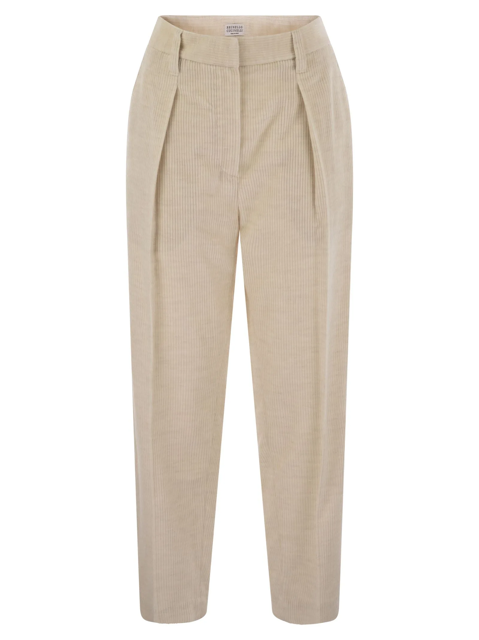 Pantalone in tela rigata di viscosa e cotone comfort con monile