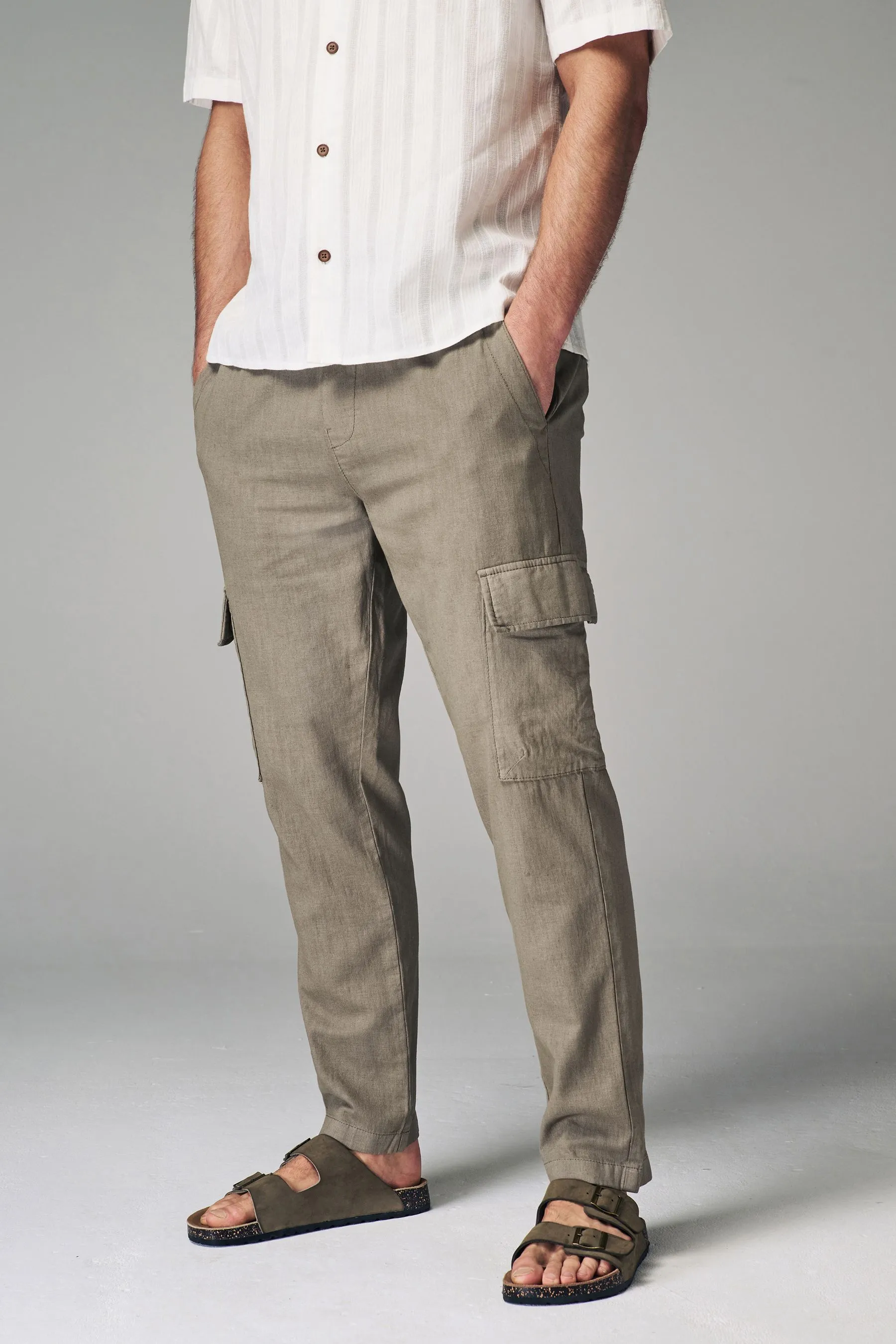 Pantaloni cargo in lino cotone con coulisse elasticizzate