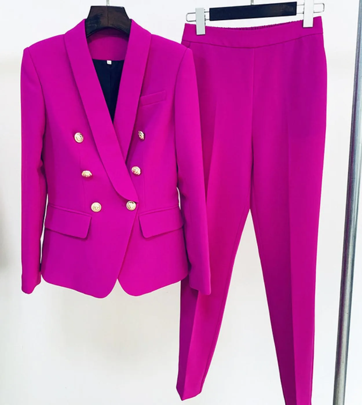 Tailleur Pantalone Rosa Nero Set Due Pezzi Donna Office Ladies Doppio Petto Bottoni Oro Blazer Nove Pantaloni Abiti Formali Alti
